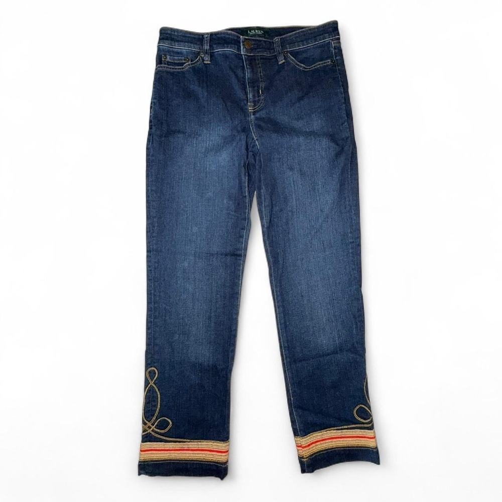 Laren Ralph Lauren Gold Red Embroidered Soutache Cuff dark wash ankle jeans SZ 4